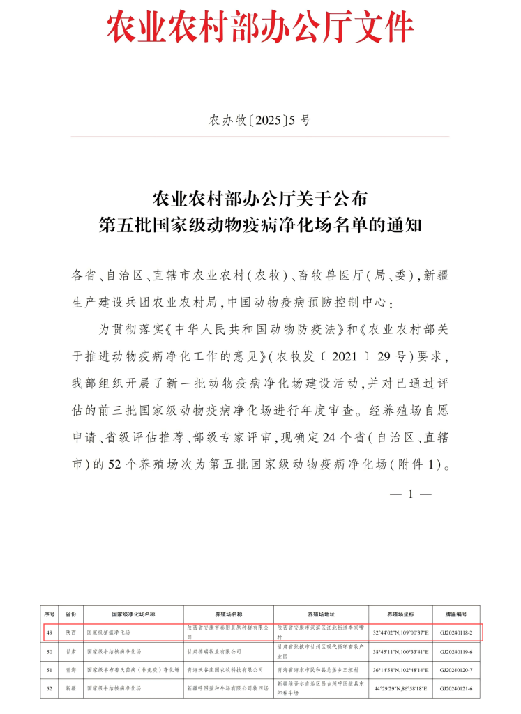 喜訊！陜西省安康市秦陽晨原種豬有限公司獲 陜西省首家國家級豬瘟凈化場